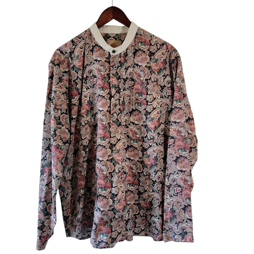 VTG Western Tapestry Floral Button Up Blouse Sz XL High-neck LS Retro Southwest